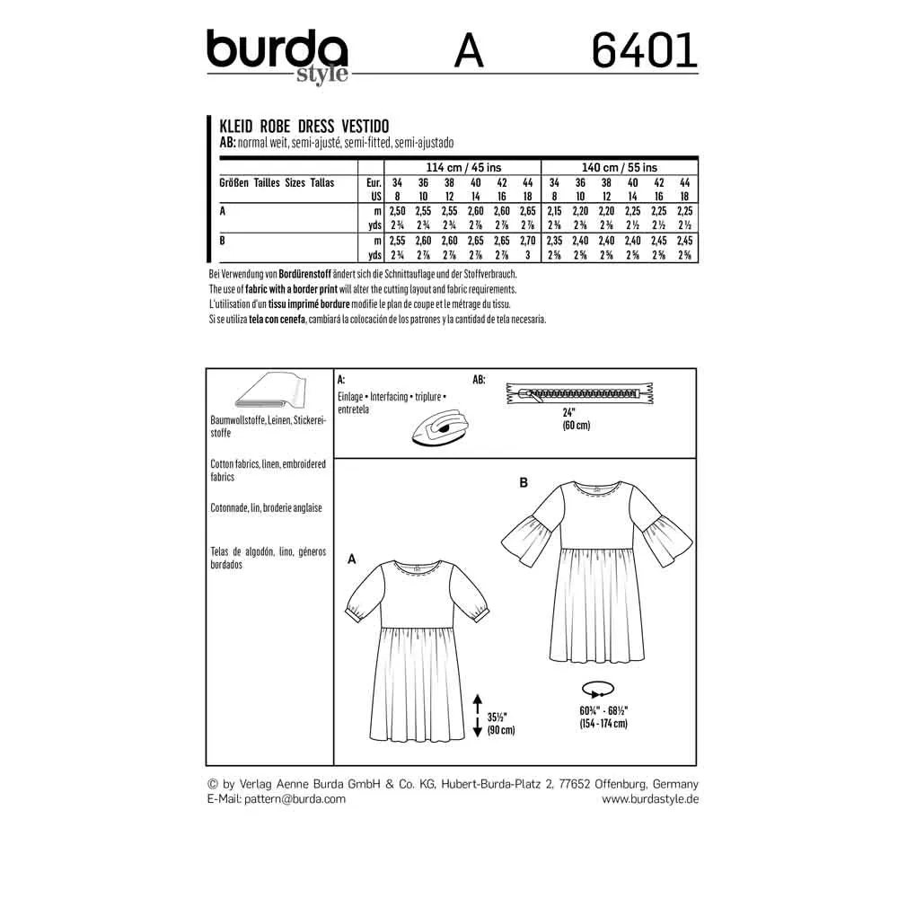 BURDA - 6401 Youthful Dress - Gathered Skirt - Wide Sleeves