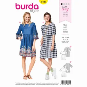 BURDA - 6401 Youthful Dress - Gathered Skirt - Wide Sleeves