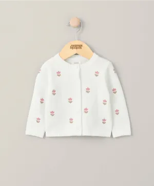 Floral Embroidered Knit Cardigan - White