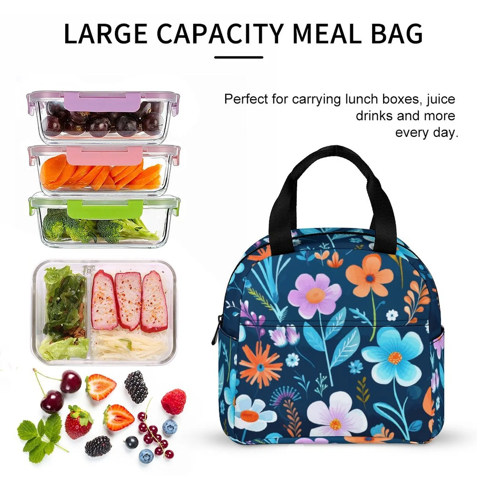 Floral Pattern Large Insulated Lunch Totes for Adults (All-Over Printing)