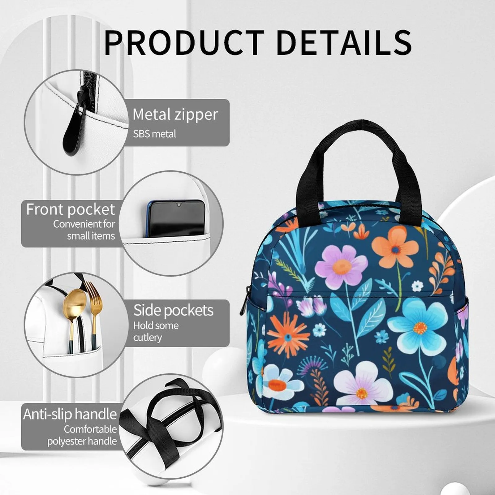 Floral Pattern Large Insulated Lunch Totes for Adults (All-Over Printing)