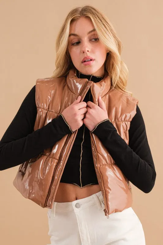 Gloss Shiny PU Quilted Puffer Zip Up Crop Vest