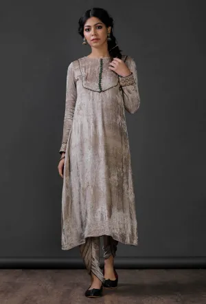 Grey Velvet front yoke lace embroidered kurta