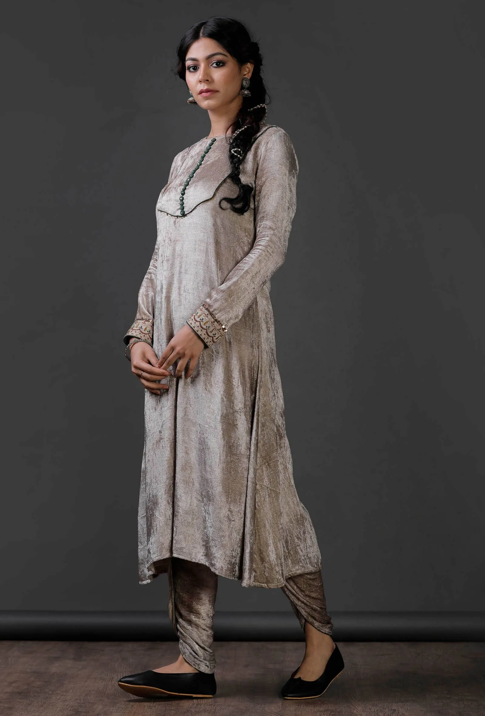 Grey Velvet front yoke lace embroidered kurta