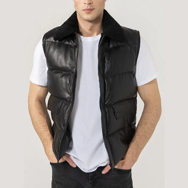 Mens Black Leather Puffer Vest