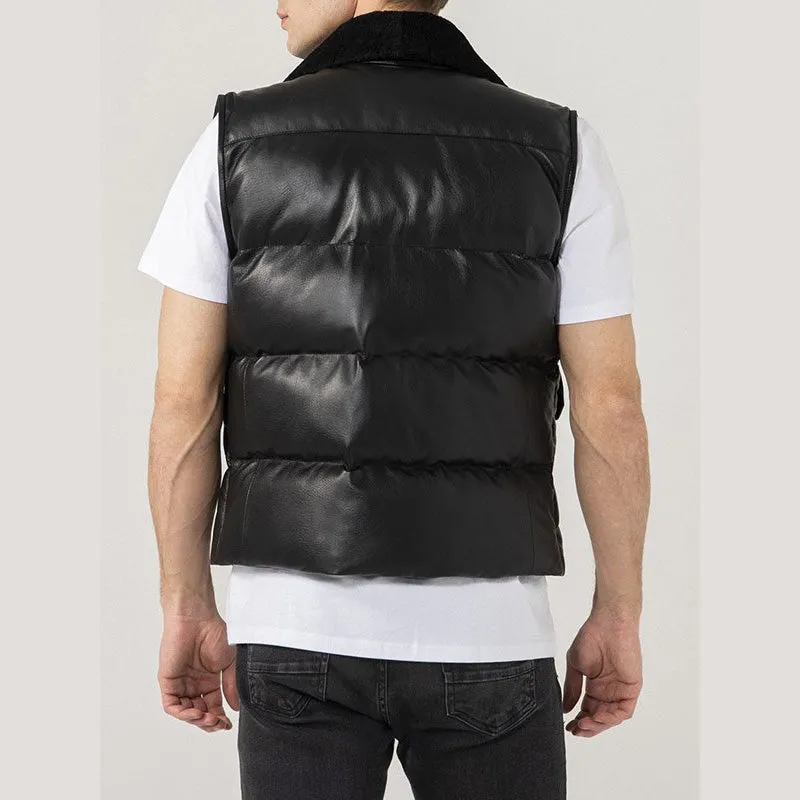 Mens Black Leather Puffer Vest