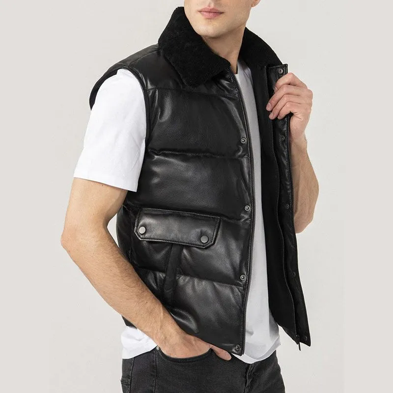 Mens Black Leather Puffer Vest