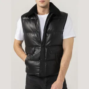 Mens Black Leather Puffer Vest