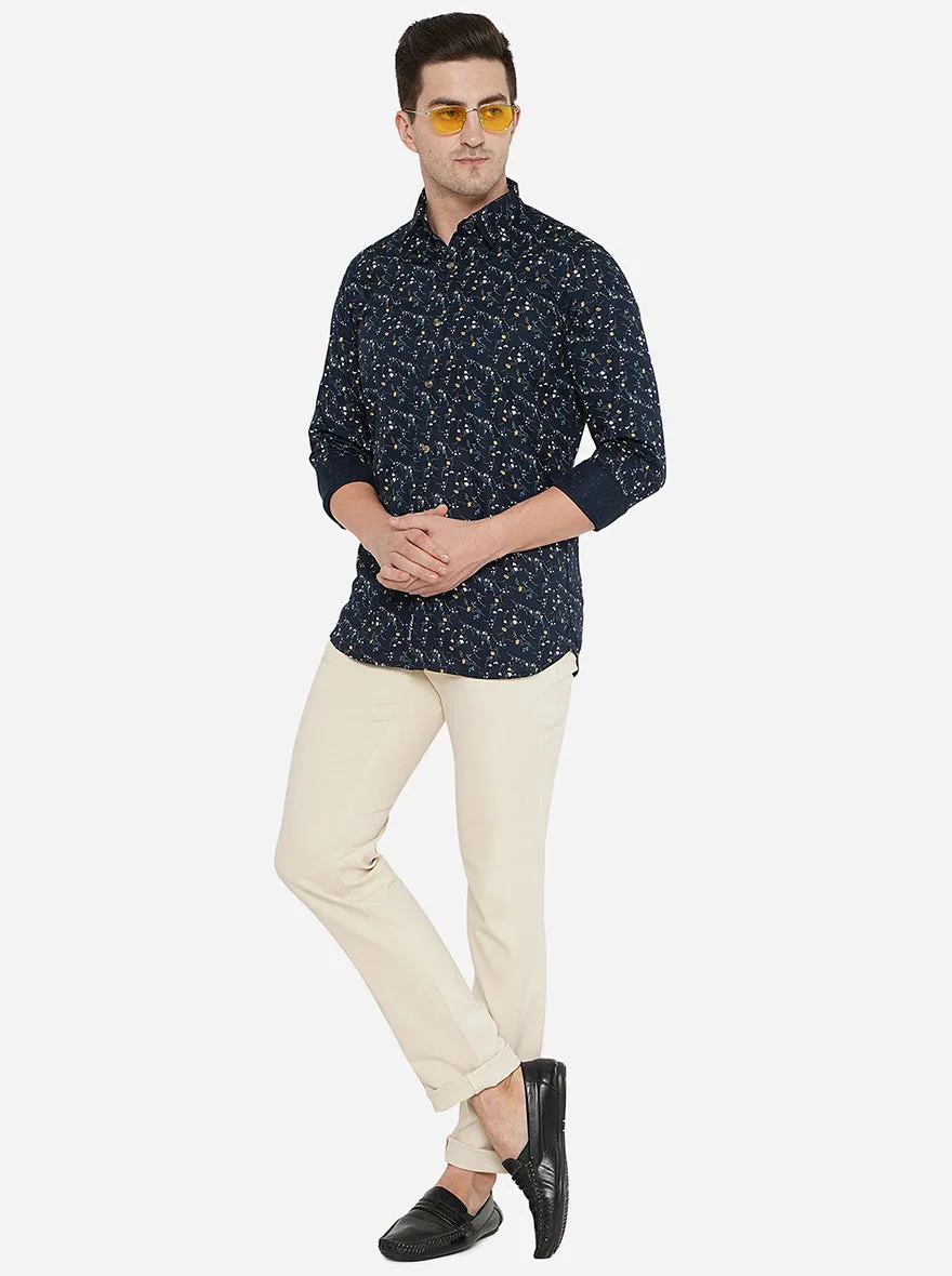 Navy Blue Printed Slim Fit Semi Casual Shirt | JadeBlue