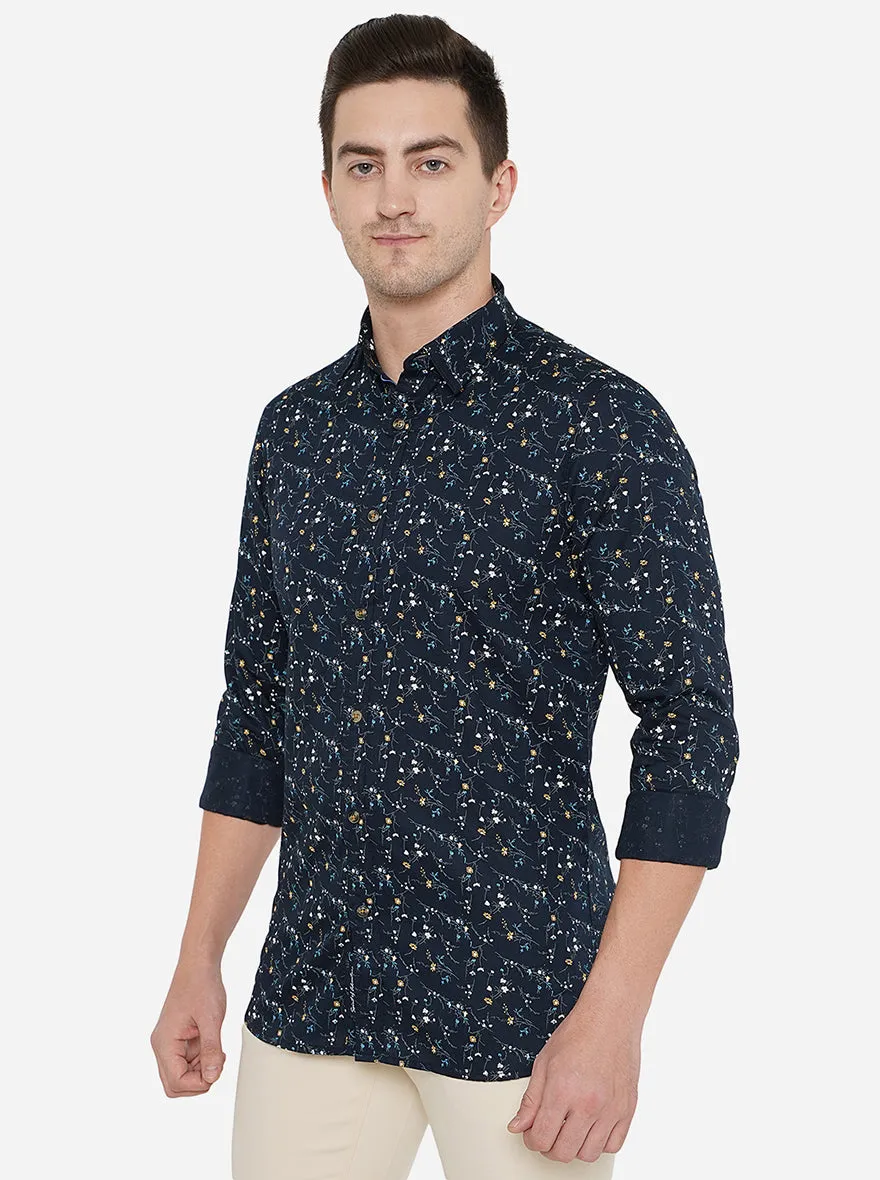 Navy Blue Printed Slim Fit Semi Casual Shirt | JadeBlue