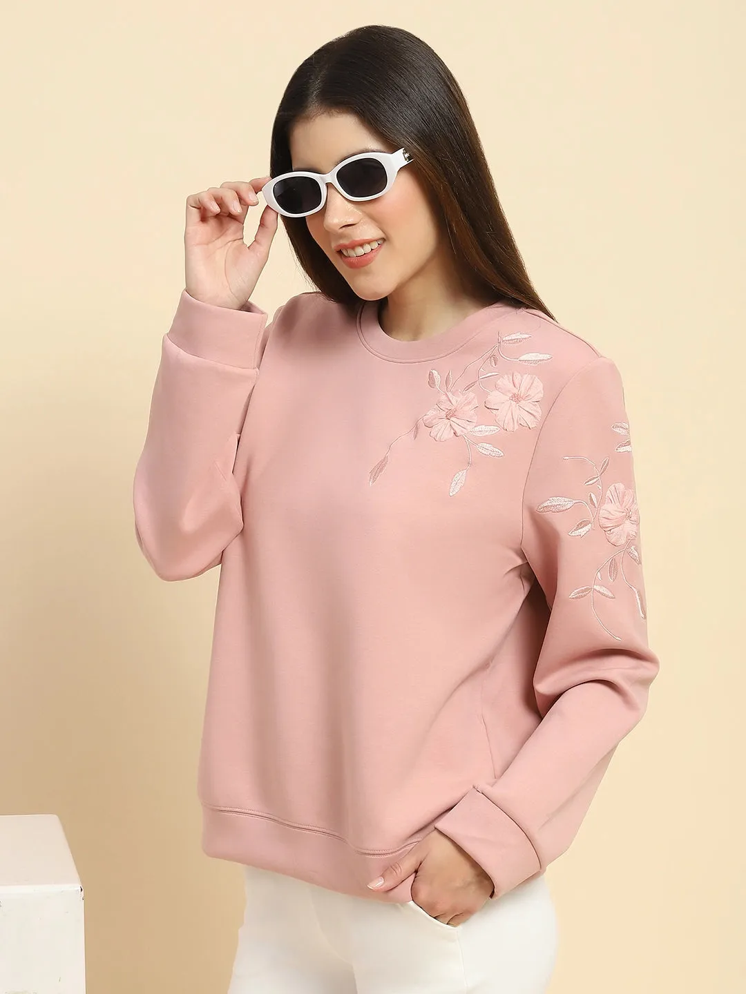 Pink Poly Blend Embroidered Loose Fit Sweatshirt