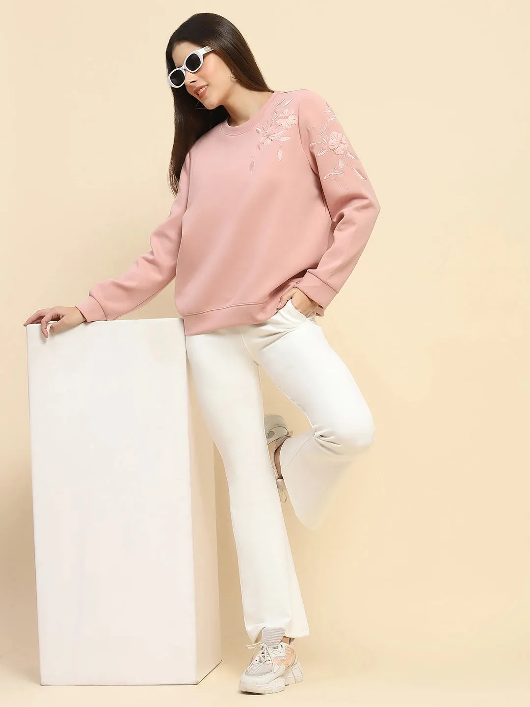 Pink Poly Blend Embroidered Loose Fit Sweatshirt