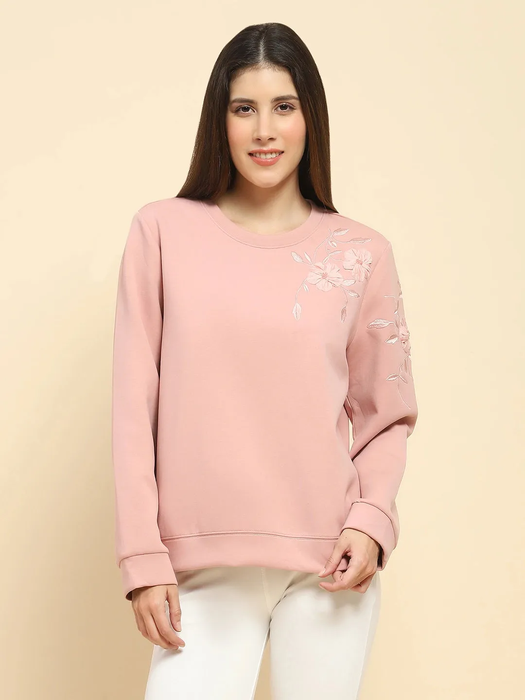 Pink Poly Blend Embroidered Loose Fit Sweatshirt