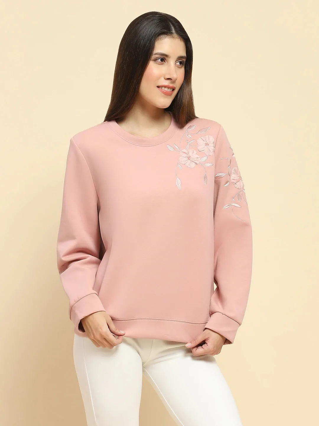 Pink Poly Blend Embroidered Loose Fit Sweatshirt