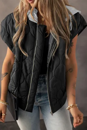 Quilted Drawstring Hooded Zip Up Puffer Vest