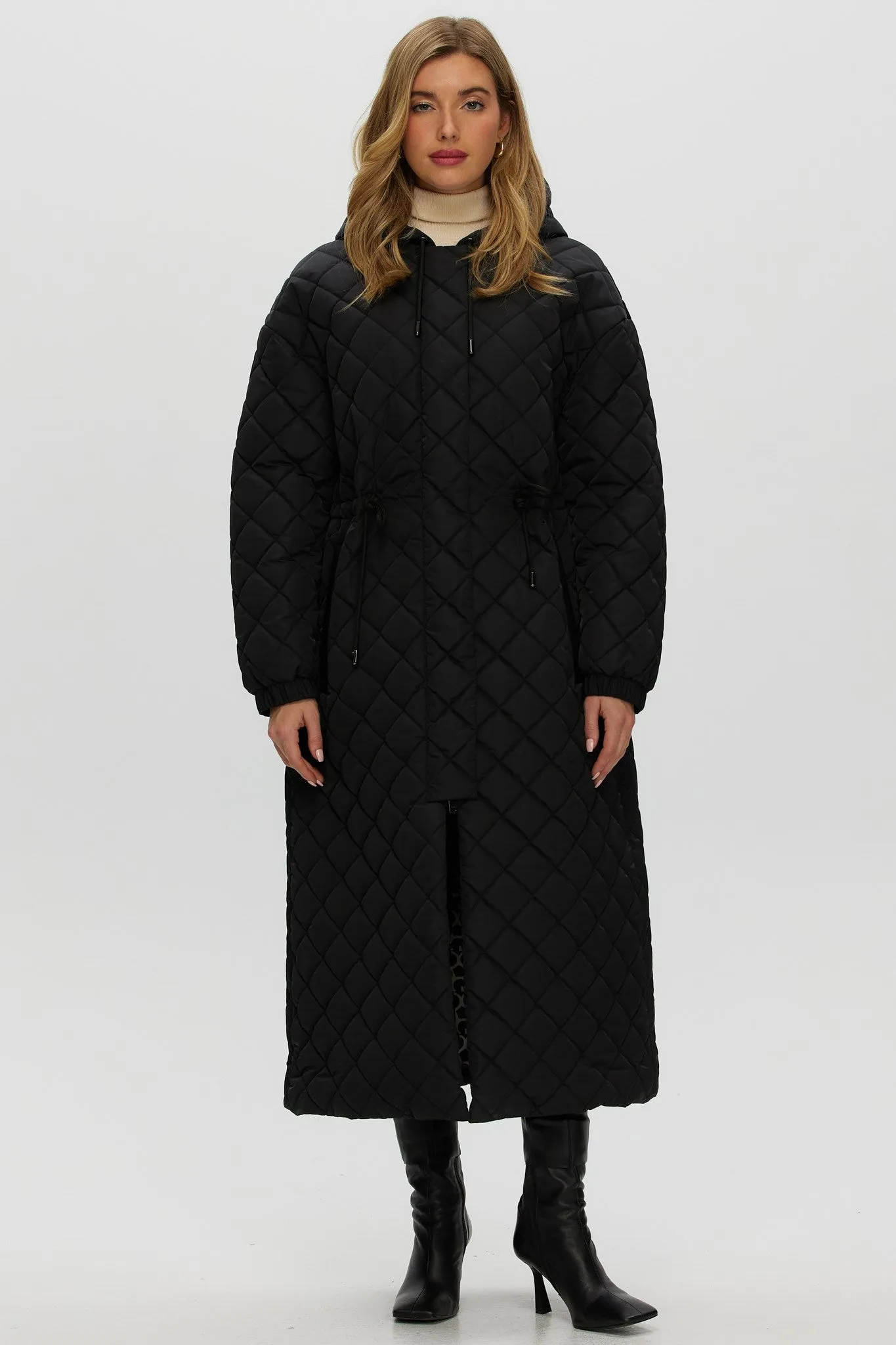 Quilted Fabric Zip Coat with Hood