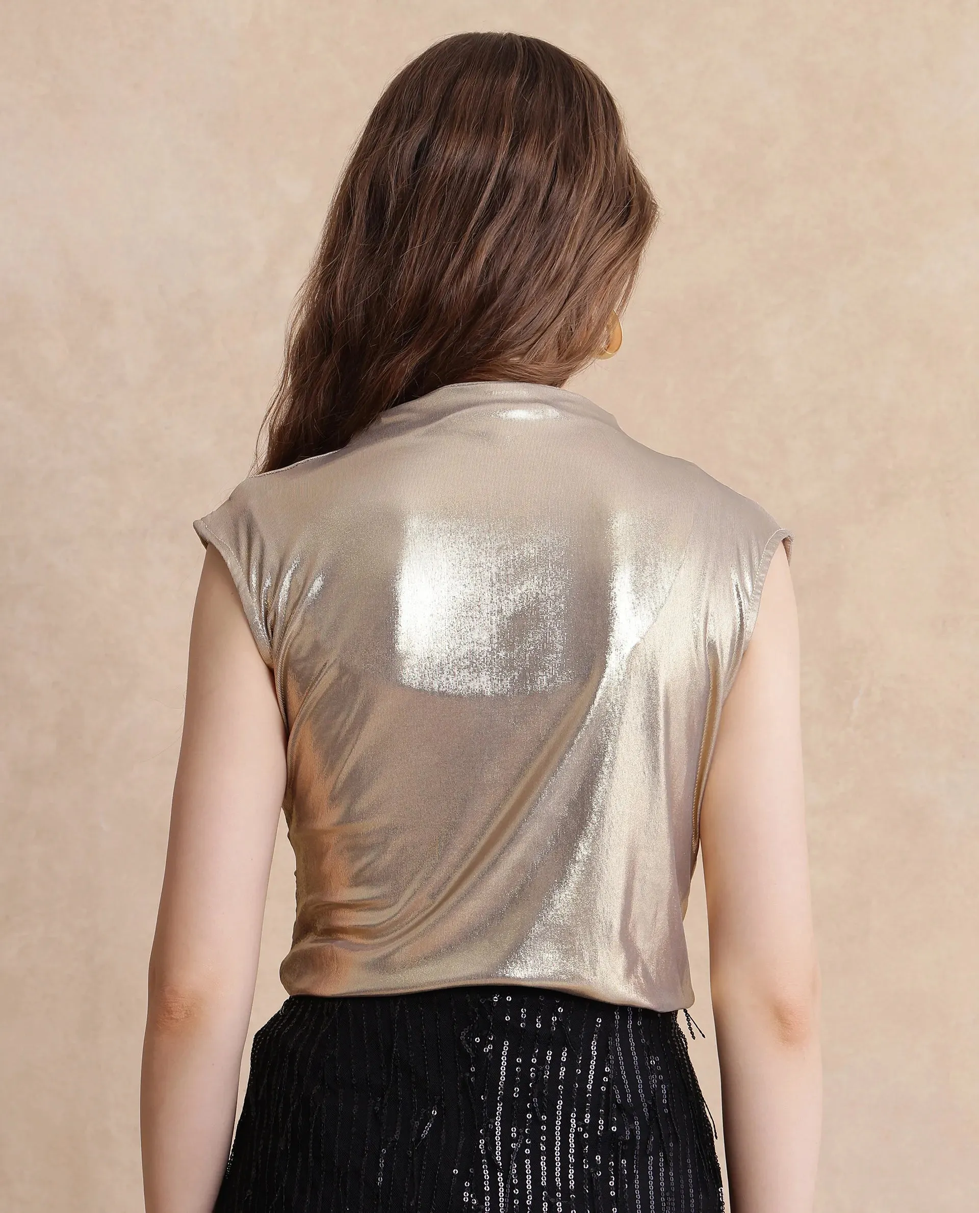 Rareism Women Tangui Metallic Gold Polyester Fabric Sleeveless High Neck Fitted Plain Top