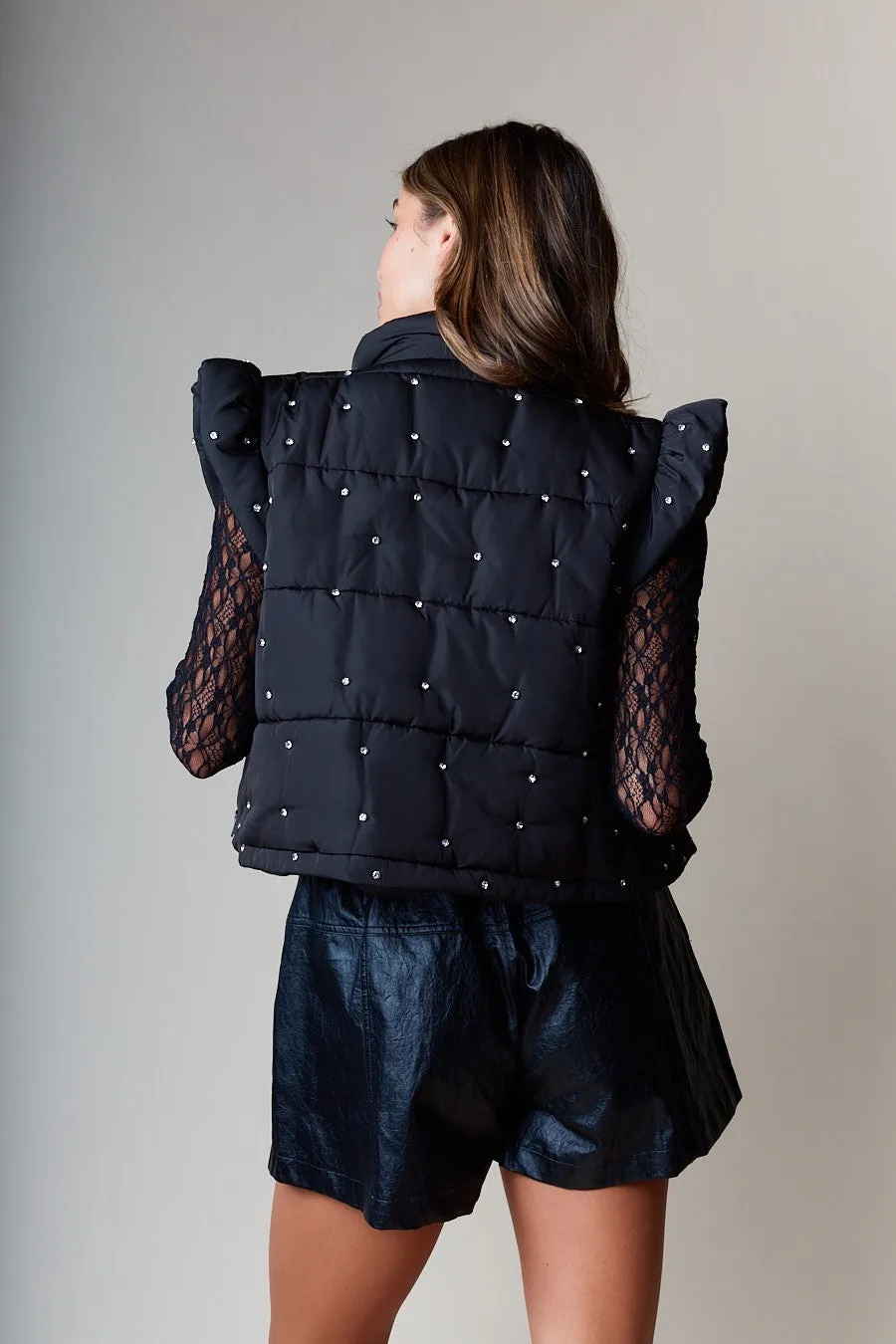 Rhinestone Embellished Quilted Puffer Vest