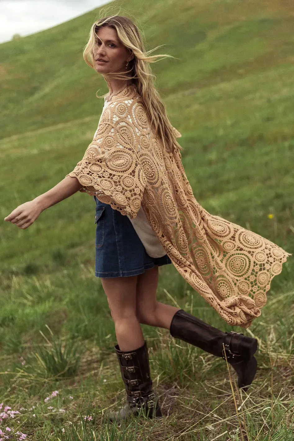 Rina Crocheted Kimono in Camel