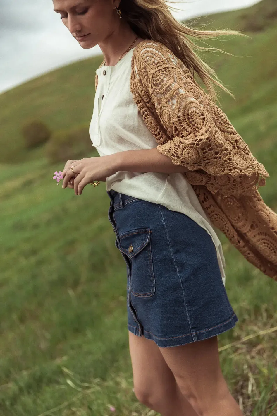 Rina Crocheted Kimono in Camel