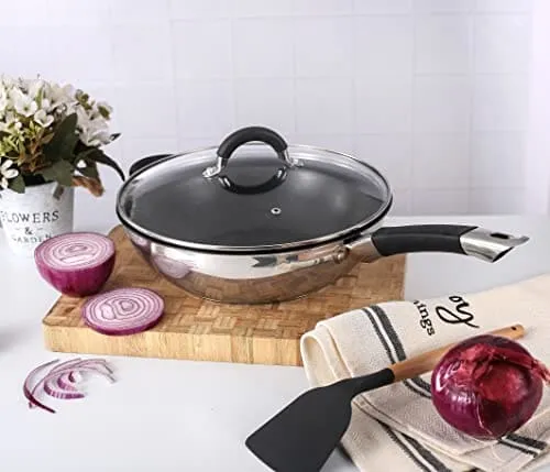 Royal Cuisine Stainless Steel Wok Pan with lid, Stir Fry Pan with Glass Cover Compatible with Induction, Energy Saving (28cm)