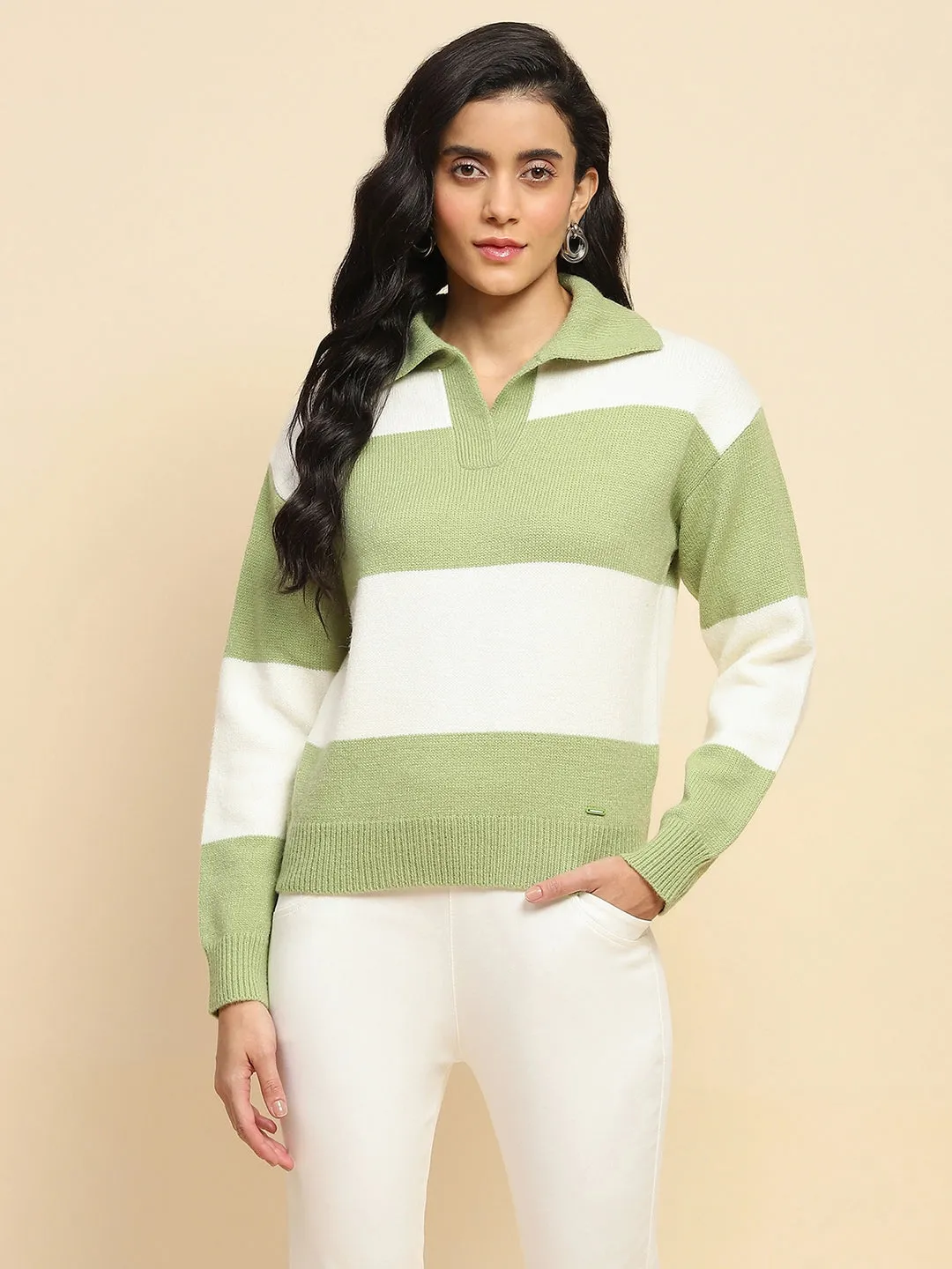 Sage Green Polyester Blend Relaxed Fit Pullover For Winter