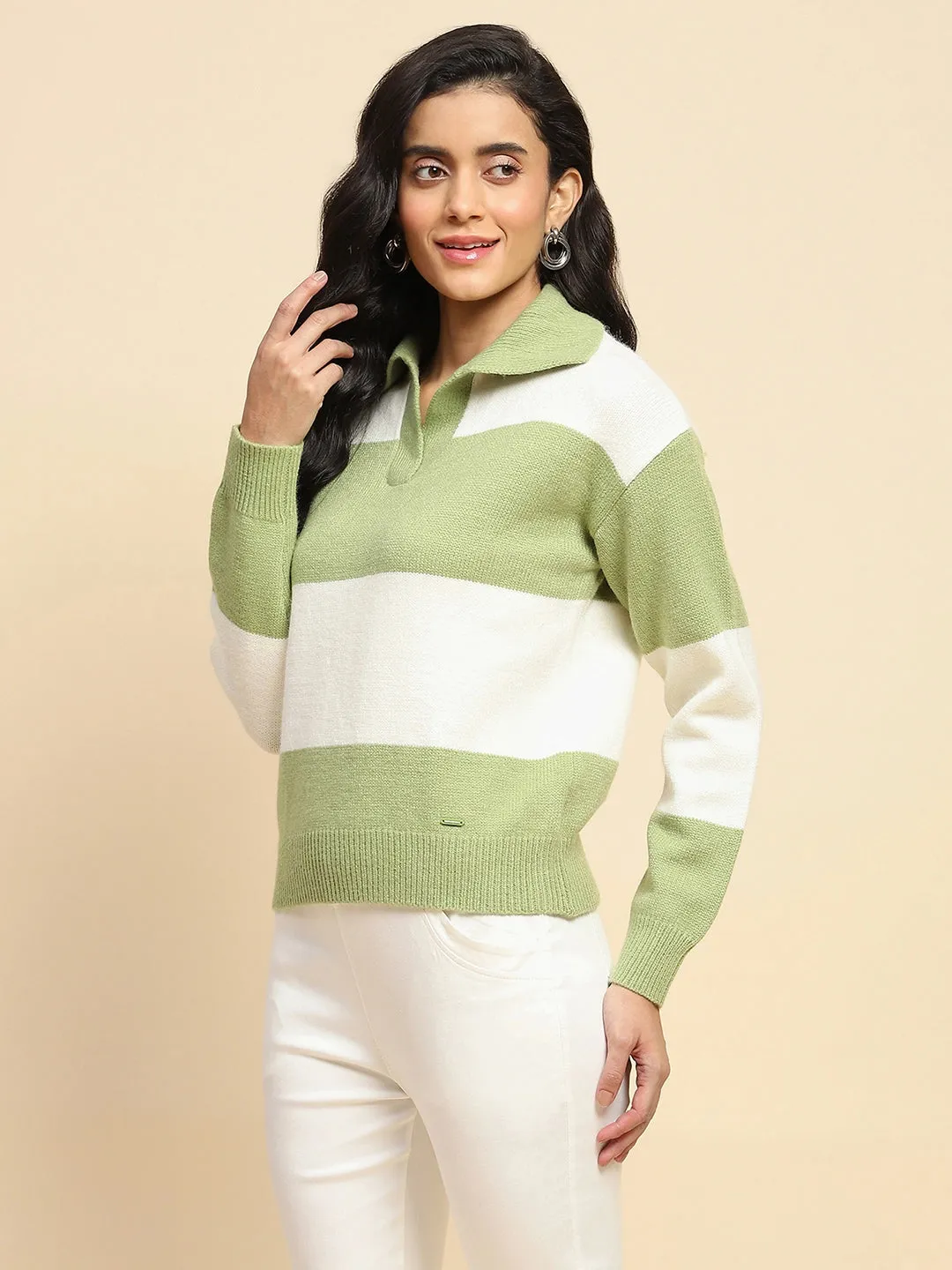 Sage Green Polyester Blend Relaxed Fit Pullover For Winter