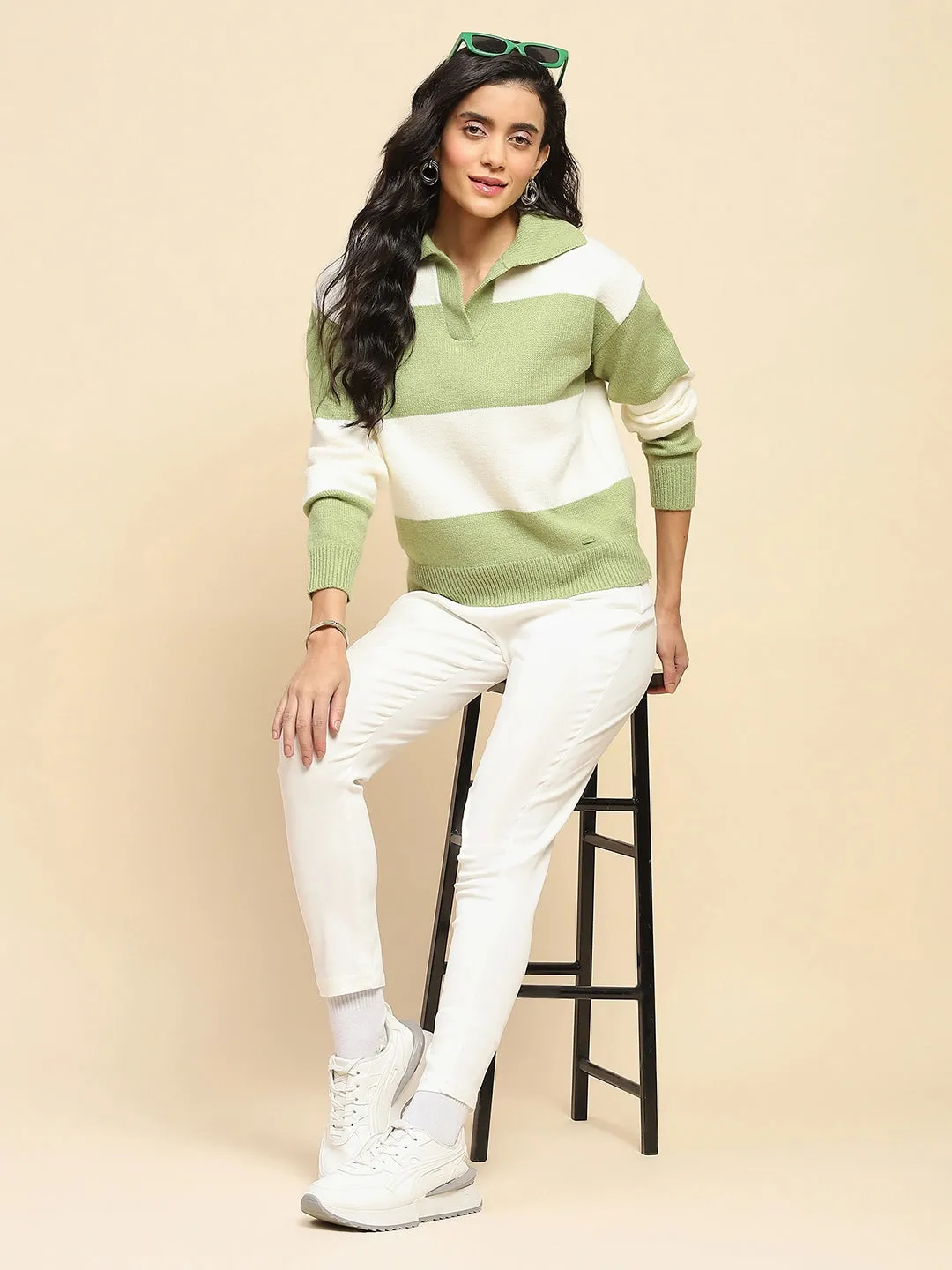 Sage Green Polyester Blend Relaxed Fit Pullover For Winter