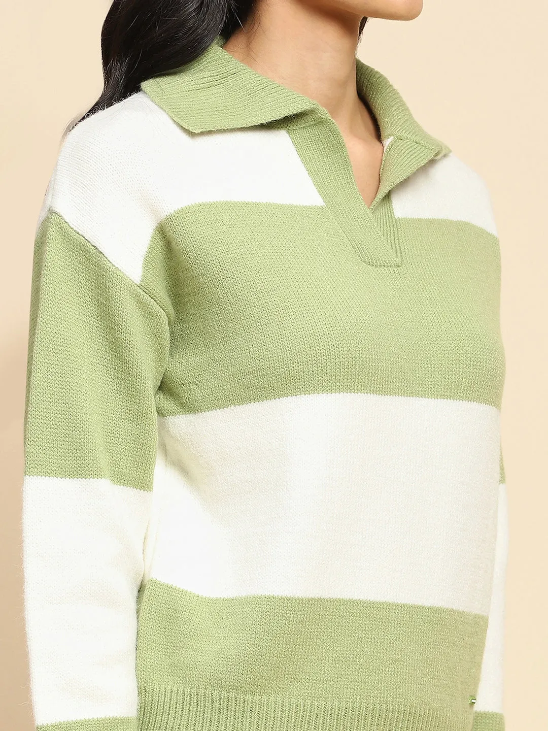 Sage Green Polyester Blend Relaxed Fit Pullover For Winter