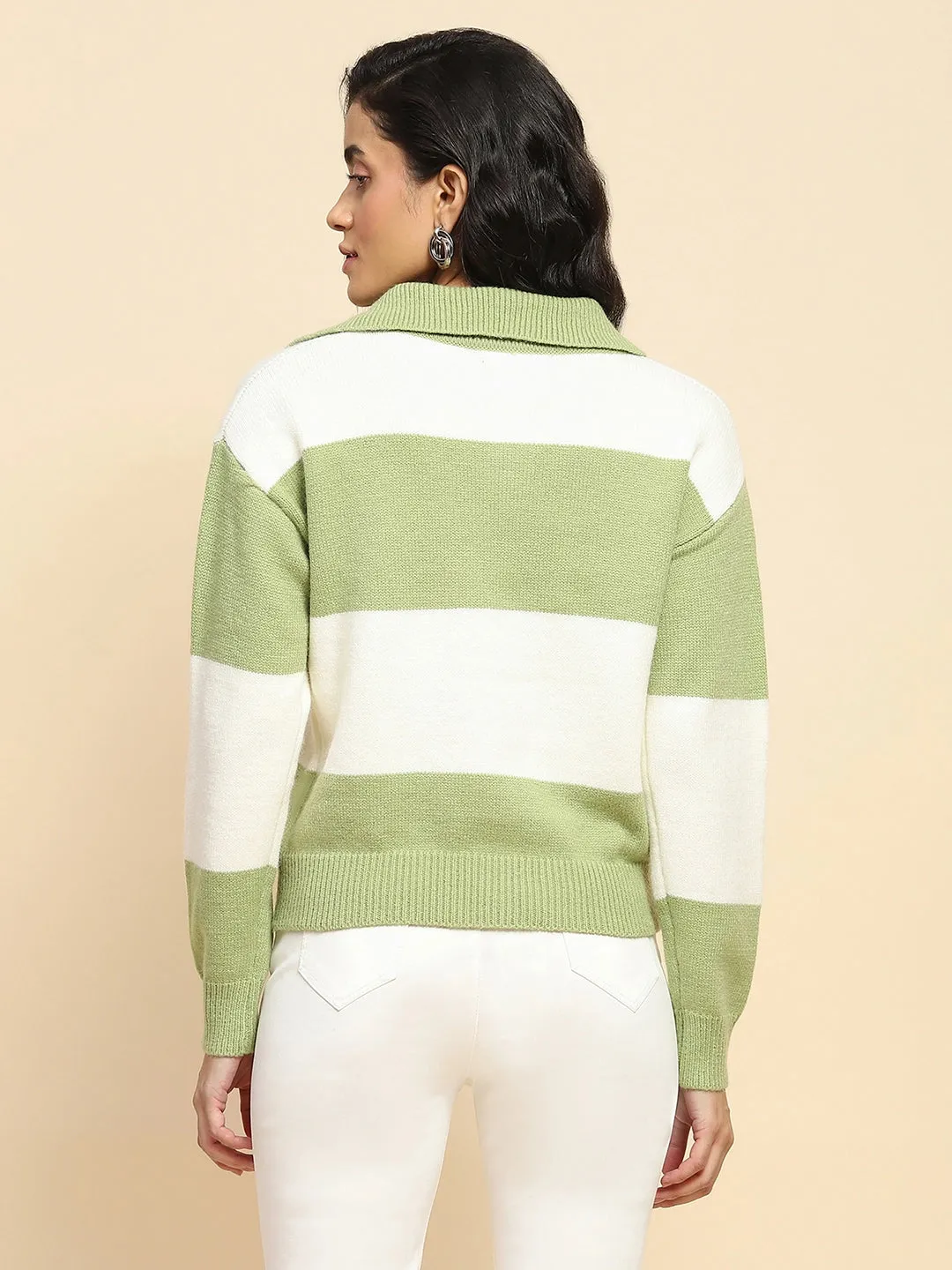 Sage Green Polyester Blend Relaxed Fit Pullover For Winter