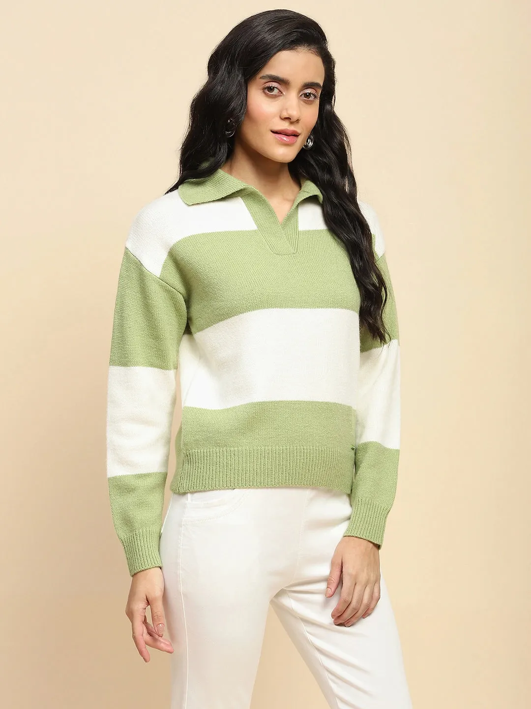 Sage Green Polyester Blend Relaxed Fit Pullover For Winter