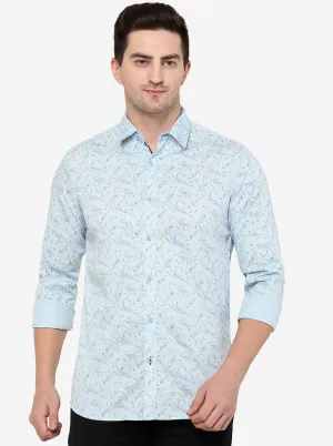 Sky Blue Printed Slim Fit Semi Casual Shirt | JadeBlue