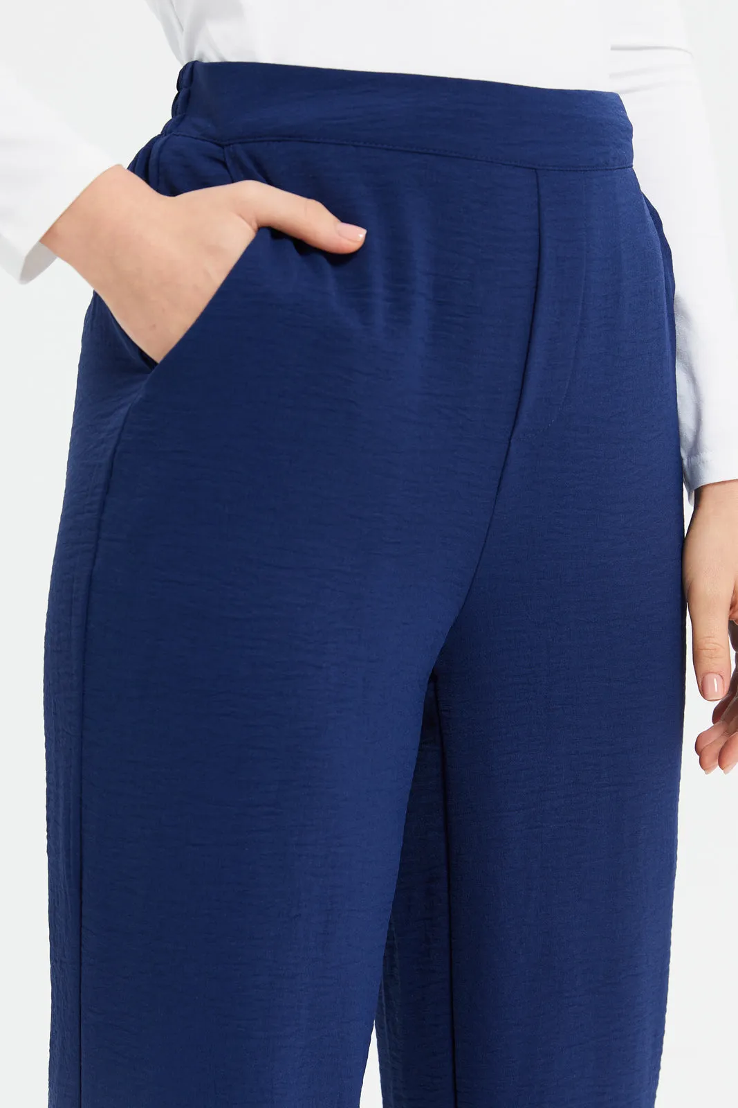 Women Navy Back Elasticated Wide Leg Trouser