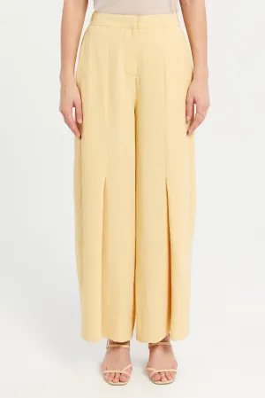 Women Yellow Textured Slit Detailed Trousers