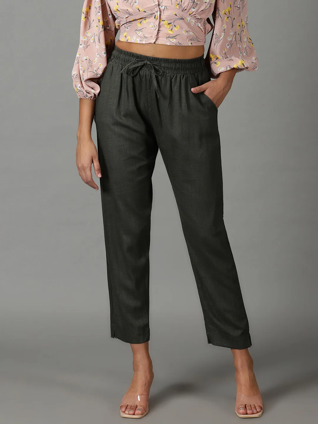 Women's Olive Solid Cigarette Trouser