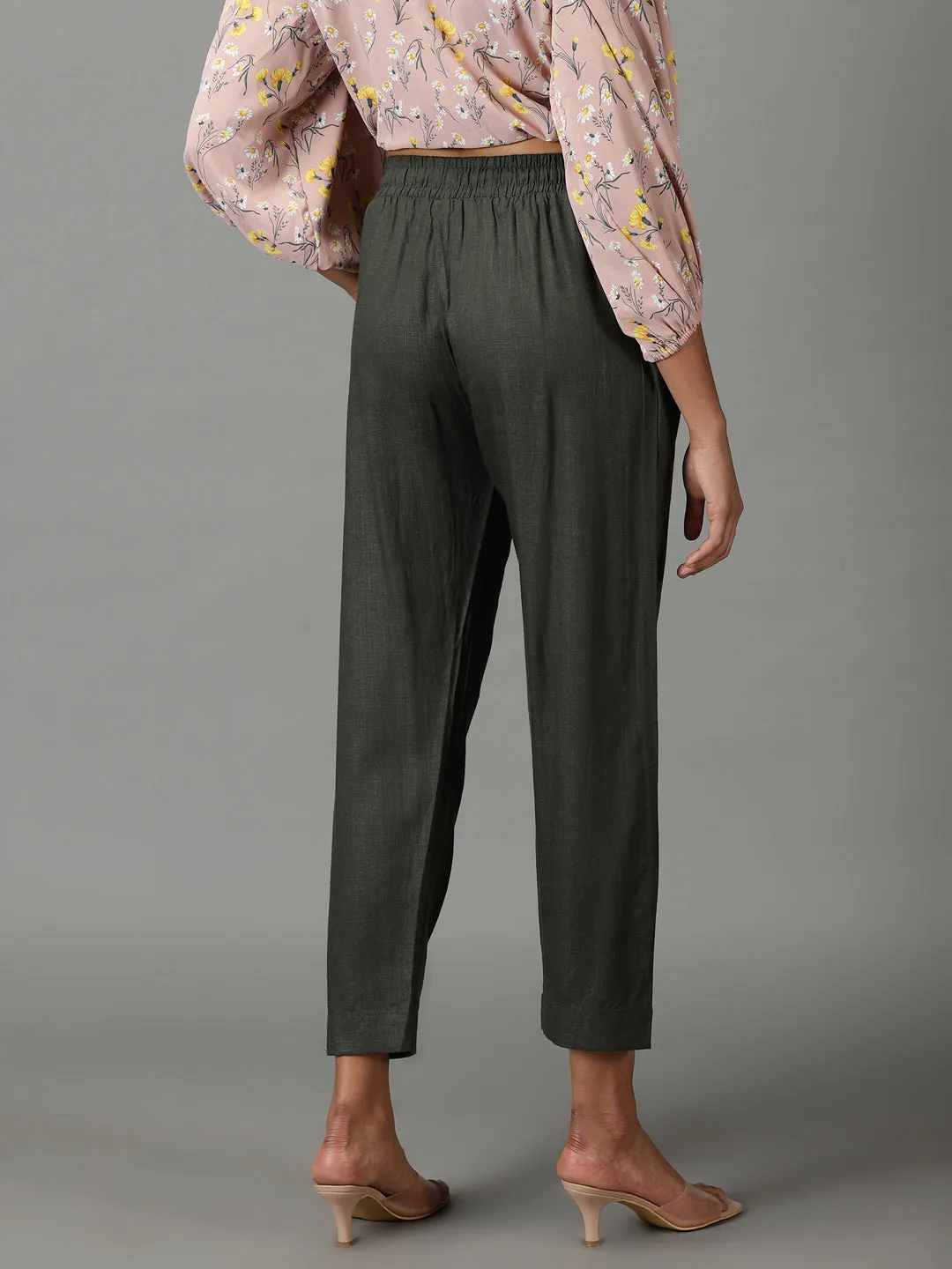 Women's Olive Solid Cigarette Trouser