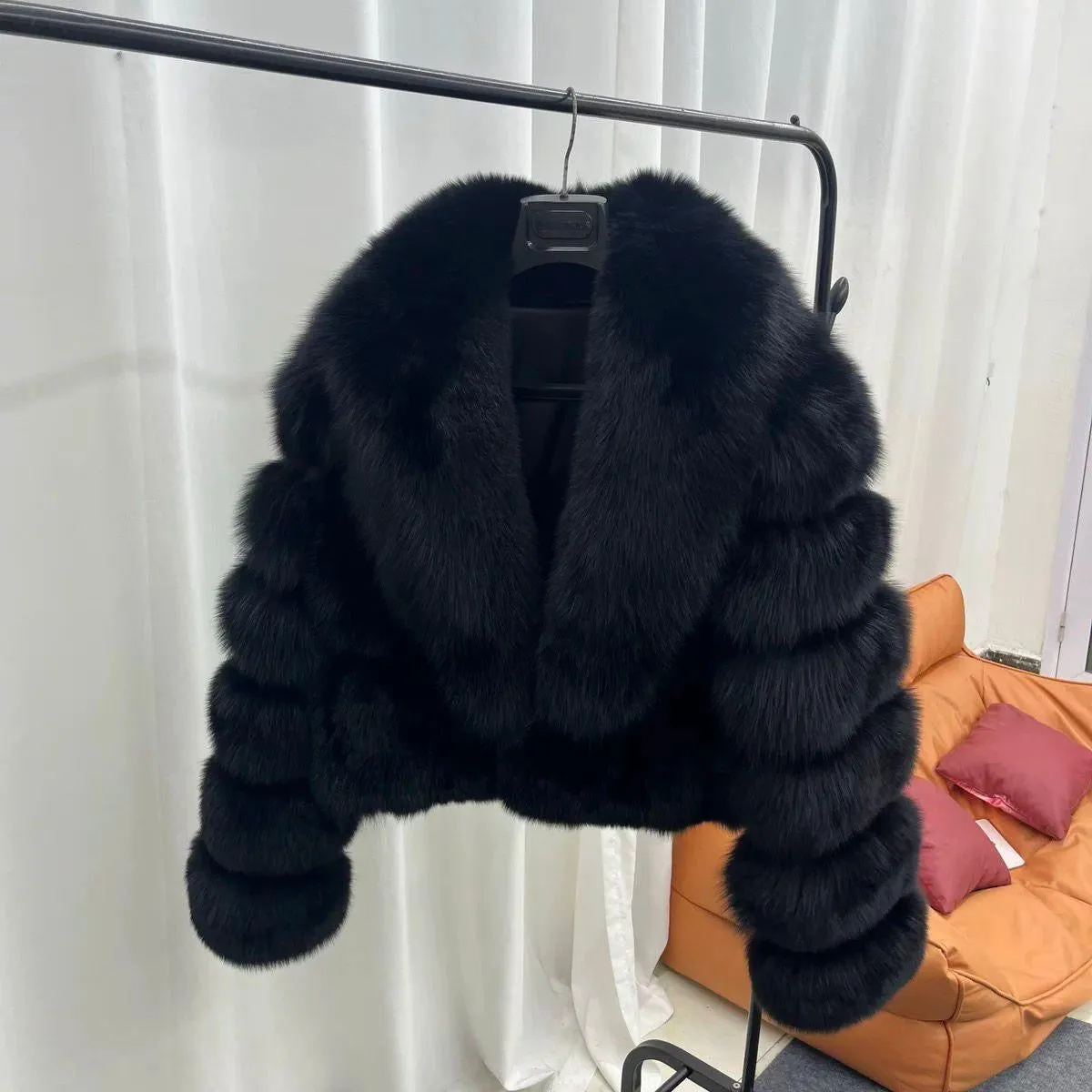 Women's Shawl Collar Black Fox Fur Jacket