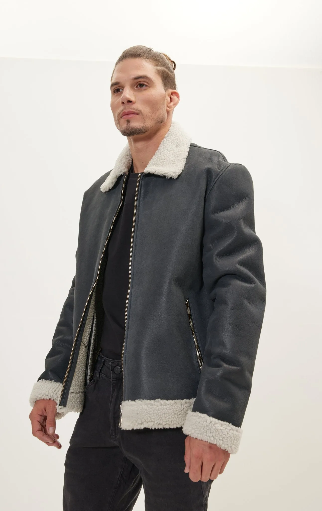 Wool Shearling Lined Leather Jacket - Black