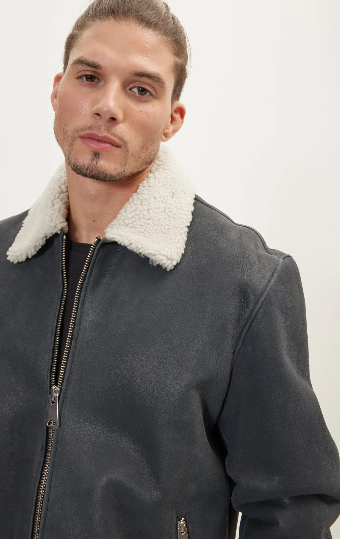 Wool Shearling Lined Leather Jacket - Black