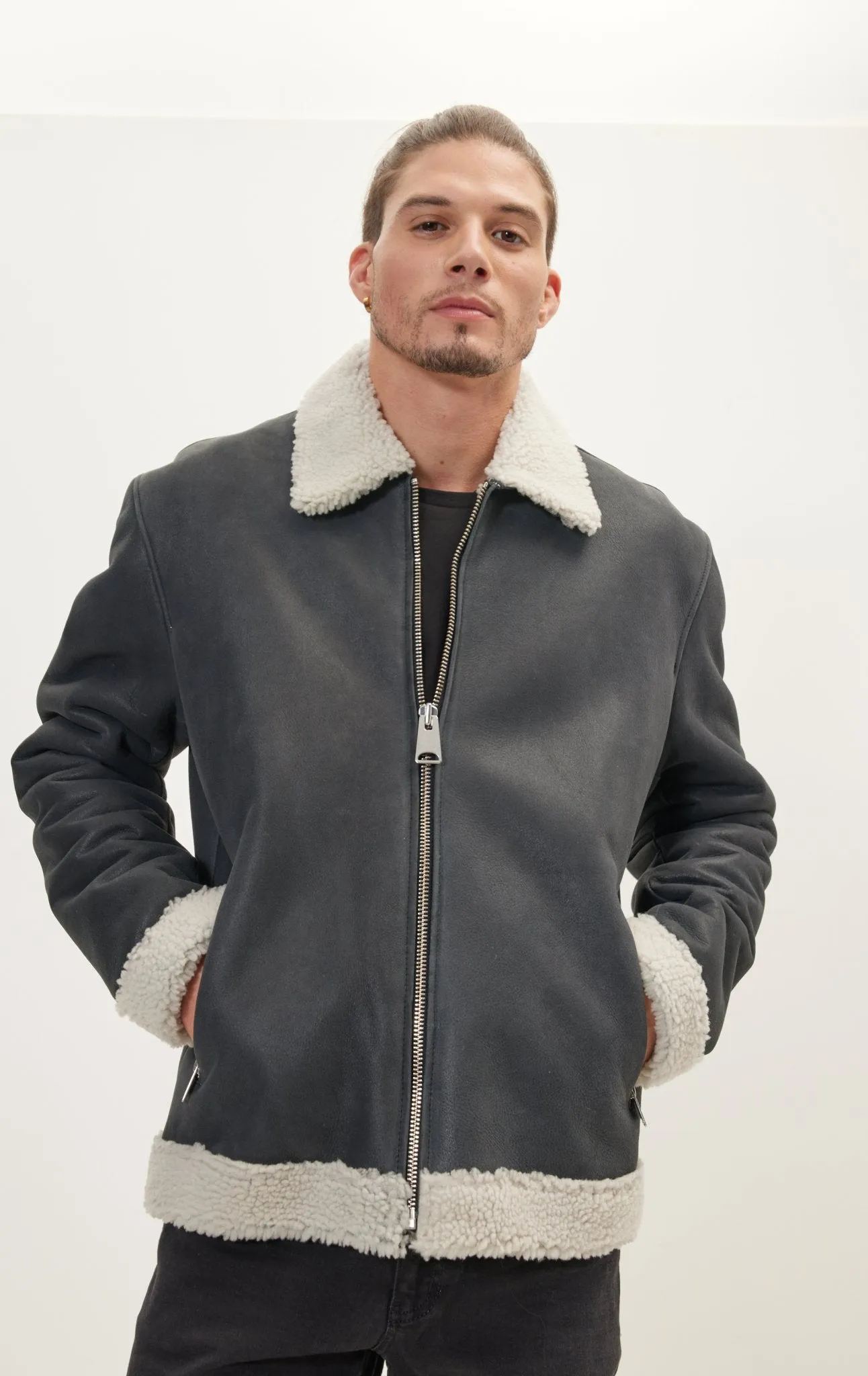 Wool Shearling Lined Leather Jacket - Black