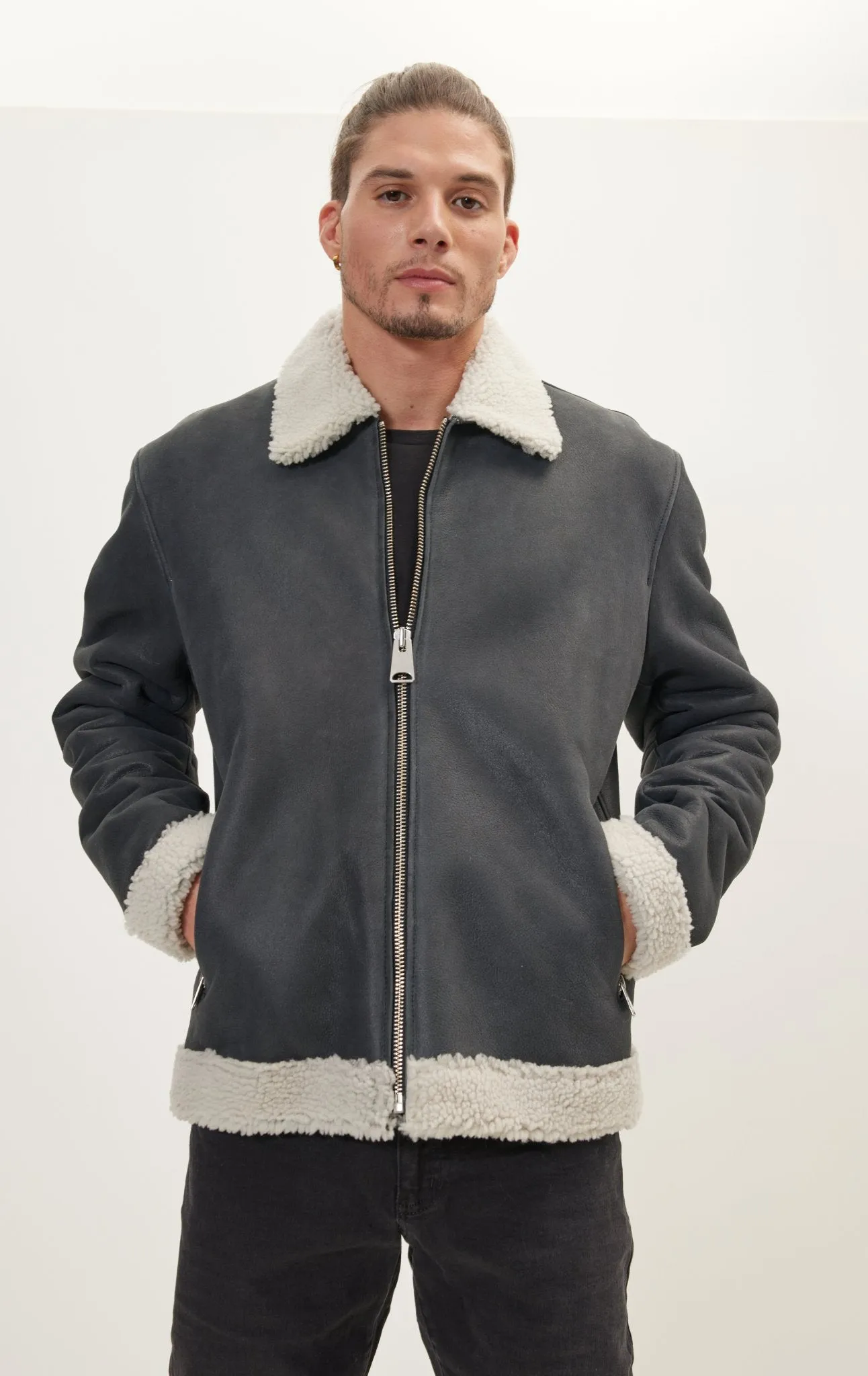 Wool Shearling Lined Leather Jacket - Black