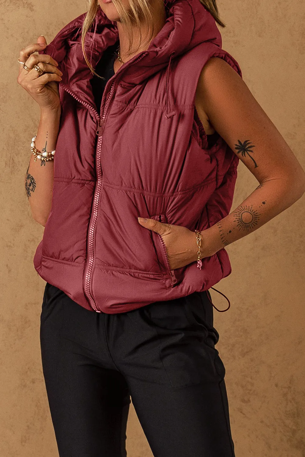 Zip-up Side Pockets Hooded Puffer Vest